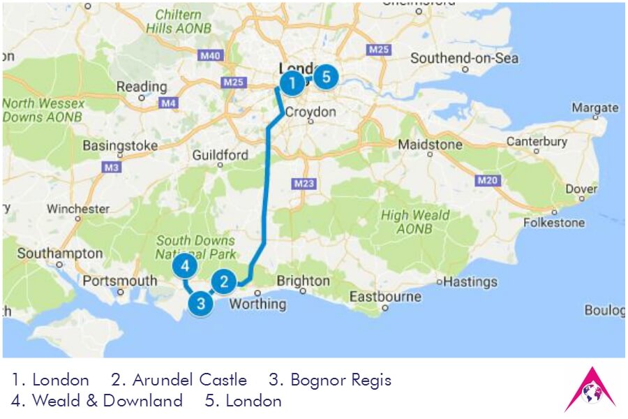 Route of the Tour to Arundel Castle, Bognor Regis and Weald Downland Museum