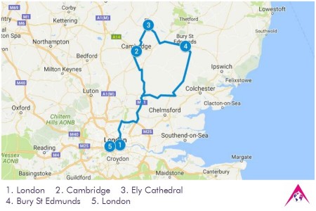 Route of the Tour to Cambridge, Ely and Bury St Edmunds