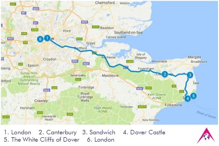 Route of the Tour to Canterbury, Sandwich, Dover and White Cliffs