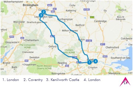Route of the Tour to Coventry and Kenilworth Castle