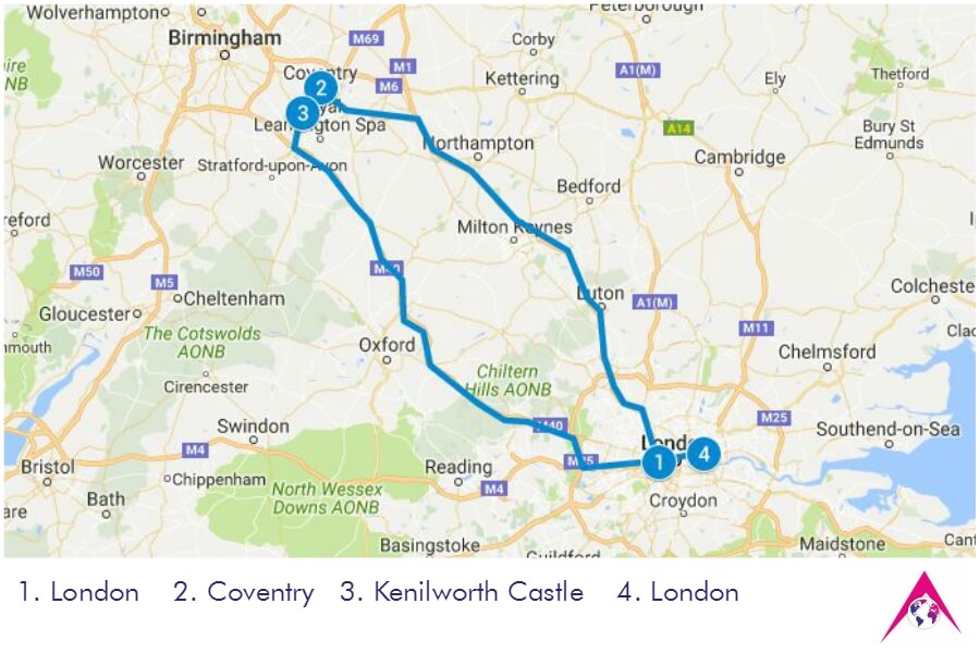 Route of the Tour to Coventry and Kenilworth Castle Route of the Tour to Coventry and Kenilworth Castle