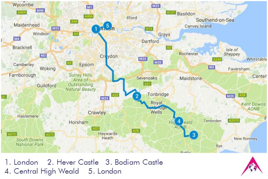 Route of the Tour to Hever Castle, Bodiam Castle and Central High Weald