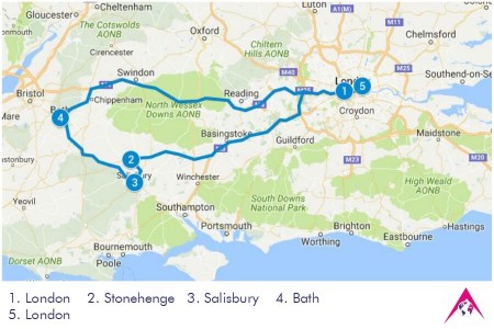 Route of the Tour to Stonehenge, Salisbury and Bath